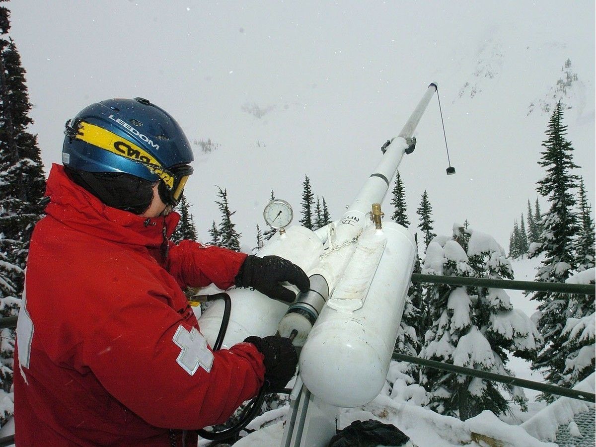 Anton Horvath, avalanche forcaster for Whistler Mountain prepares a shot to trigger a controlled avalanche in 2004.