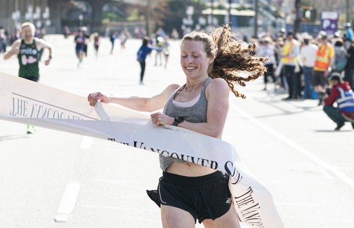 Makenna Fitzgerald was the first woman to cross the finish line at the Vancouver Sun Run.