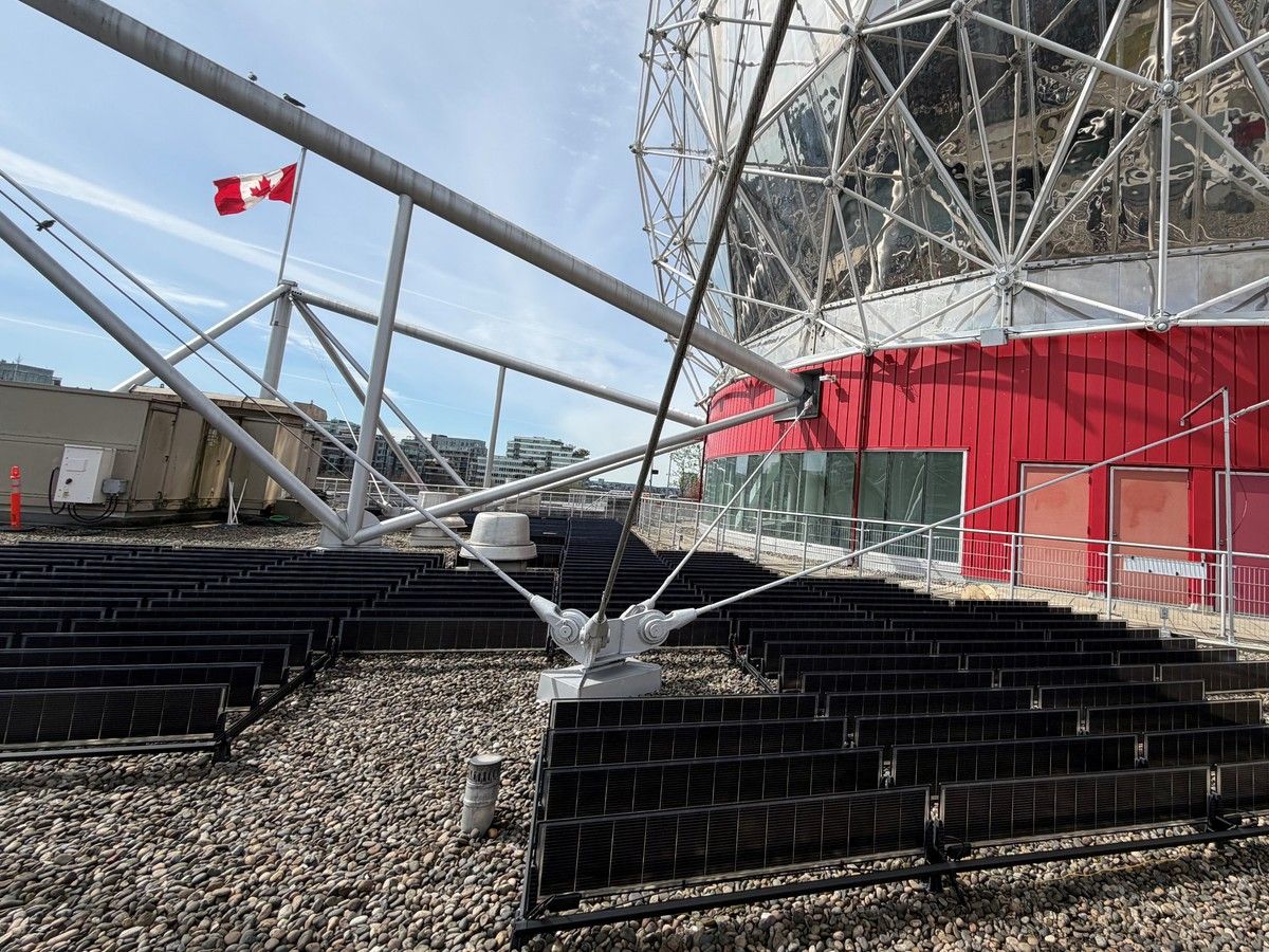  Science World vertical solar panels. The Iconic dome goes green: Science World unveiled B.C.’s first vertical solar array as part of major energy efficiency overhaul. B.C. Hydro photo