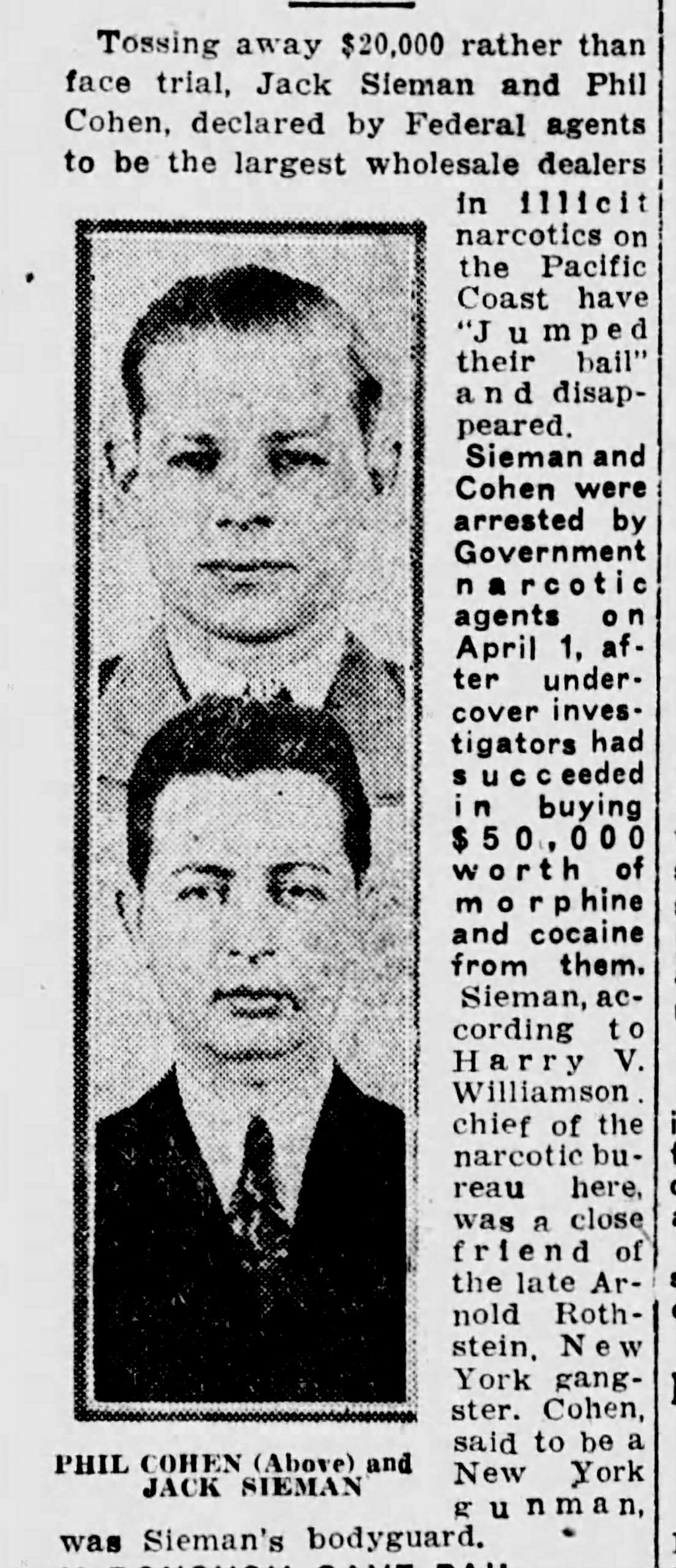  Mug shot of dope peddler Jack Sieman and Phil Cohen from the May 22, 1929 San Francisco Examiner.