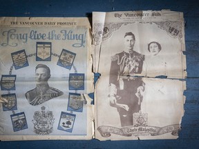 Two newspaper front pages, one printed in light blue