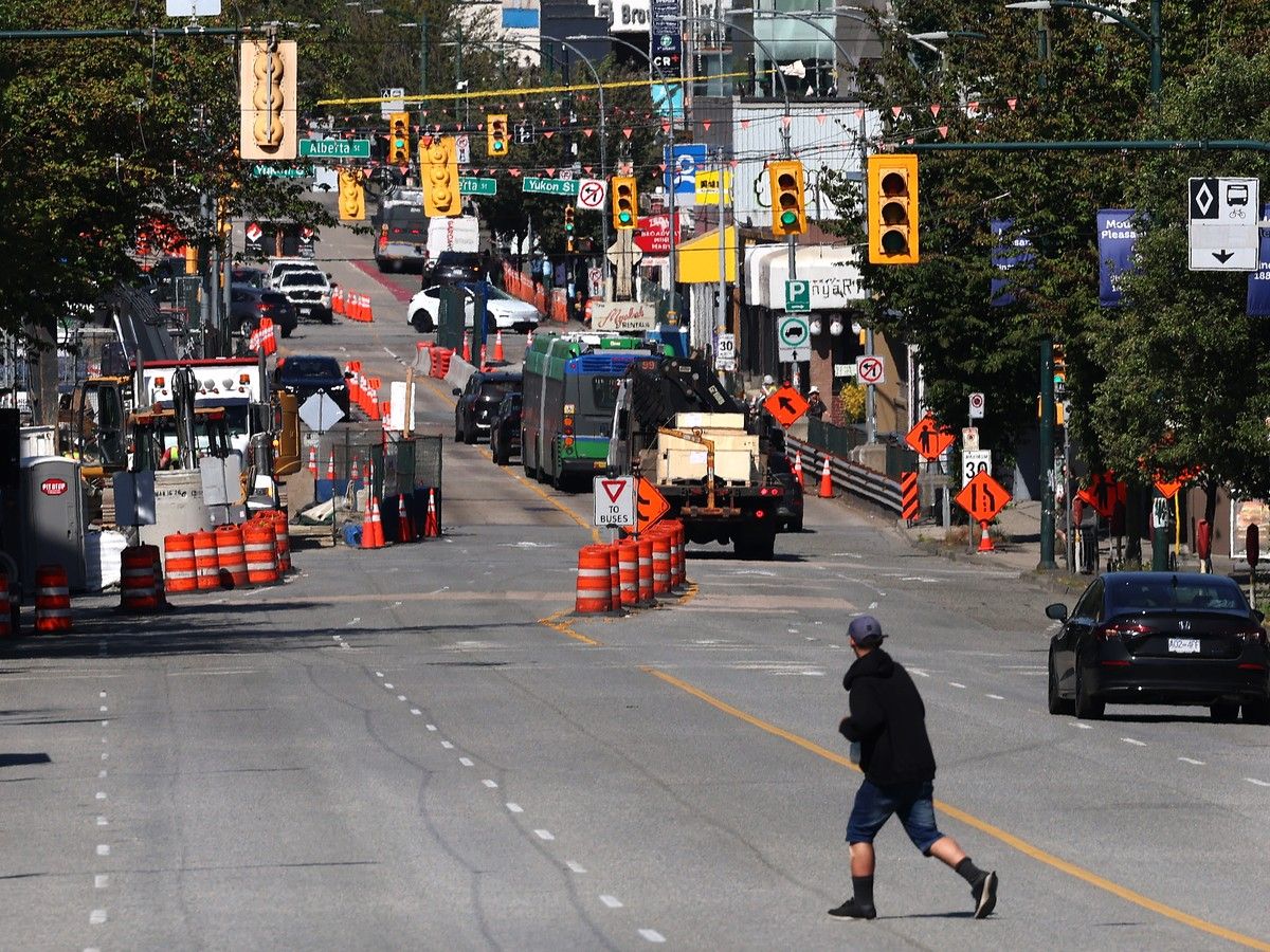  Construction cones and signage line Broadway, which will be closed between Alberta and Cambie streets in July.