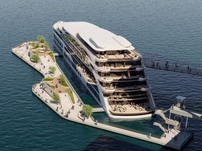 Handout rendering of public dock for Sunborn Vancouver Floatel.