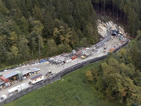 Aerial view of construction of a tunnel for an LNG pipeline at the Woodfibre LNG site near Squamish.