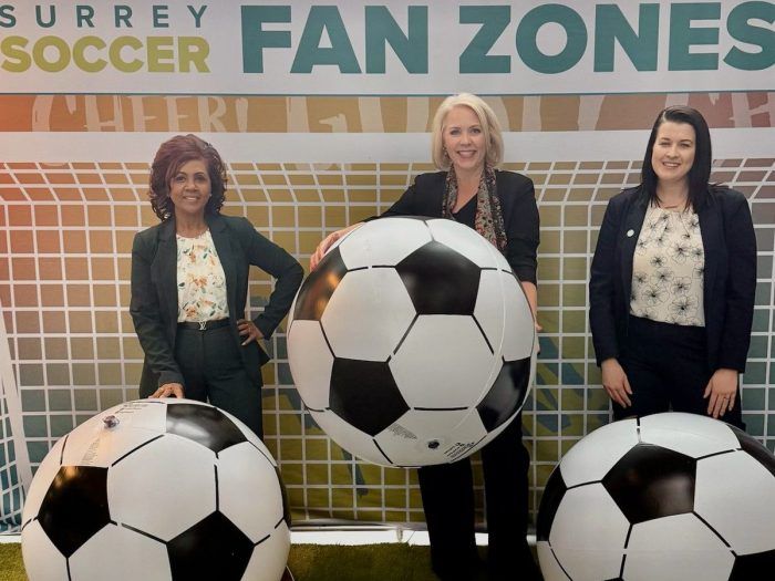  Indra Bhan (left), Joslyn Young (centre), and Heather Booth, with the Surrey and White Rock Board of Trade, at a Fan Zone created for the FIFA 2026 tournament.