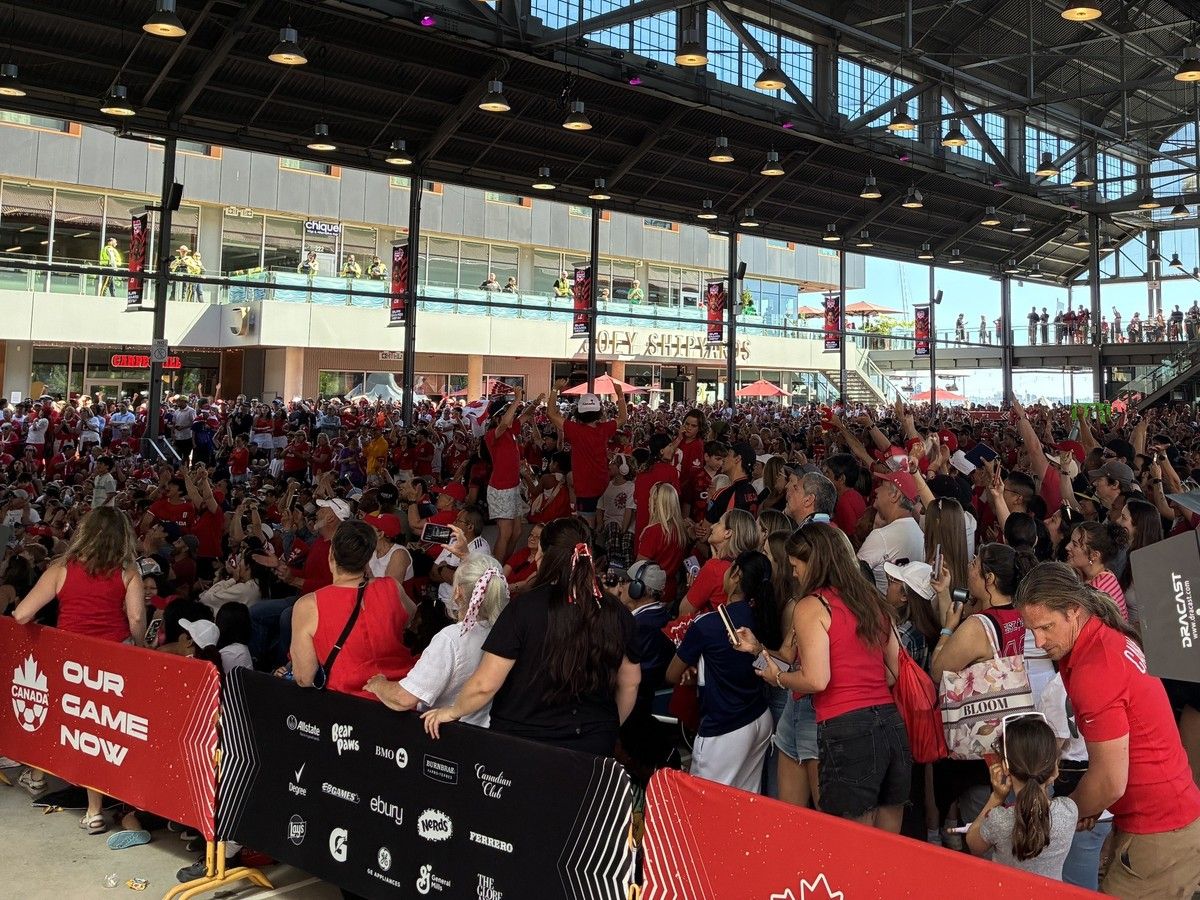  fans react to referees calling a penalty kick for canada at canada house at the shipyards during the canada vs. qatar world cup 2026 game on june 18, 2026.