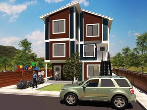 A rendering of how a factory-built modular fourplex might look.