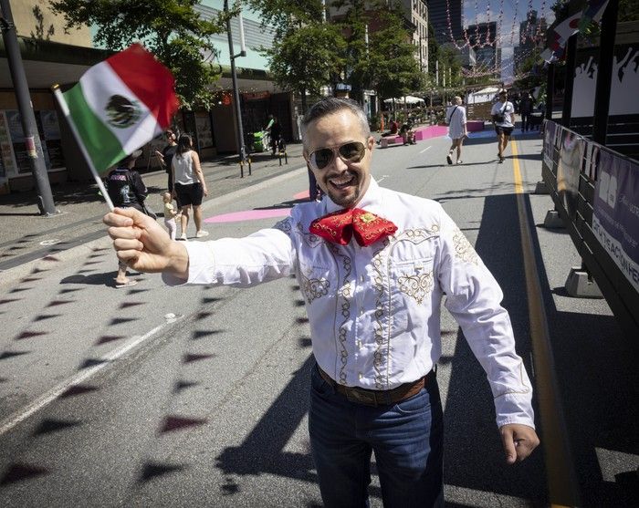 Mexican soccer fan Alejandro Frias on The FIFA Pedestrian Zone on Granville Street in downtown Vancouver Thursday, June 11, 2026.