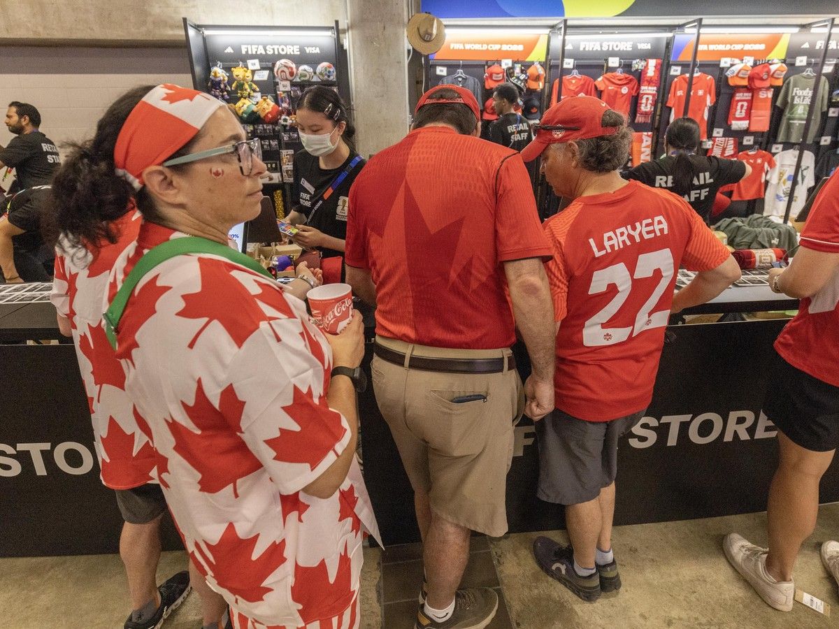 Fans shop for Canada gear at B.C. Place Stadium on June 24, 2026.
