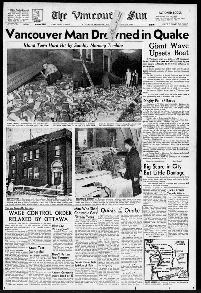  The cover of the June 24, 1946 Vancouver Sun. which reported on the Vancouver Island earthquake.