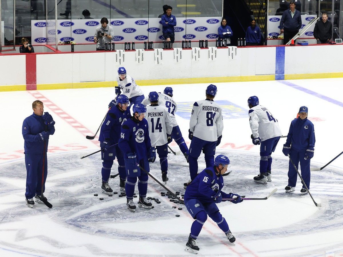 Players on the ice during Vancouver Canucks development camp at Rogers Forum in Abbotsford on June 29, 2026.