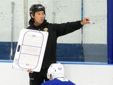 Vancouver Canucks coach Jason Krog explains a play during a pre-season practice in Burnaby on Aug. 29, 2022.