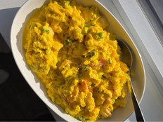 Scrambled eggs with shrimp make a for a quick-and-easy meal.