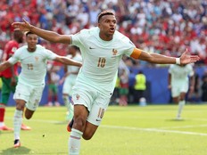 France's forward #10 Kylian Mbappe celebrates scoring his team's first goal during the 2026 World Cup football tournament quarter-final match between France and Morocco at Boston Stadium in Foxborough on Thursday.