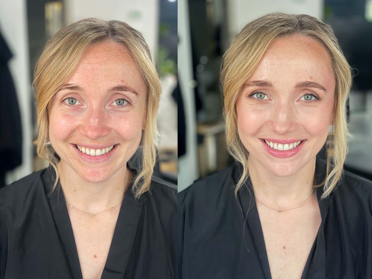 Before and after photo for bridal makeover.