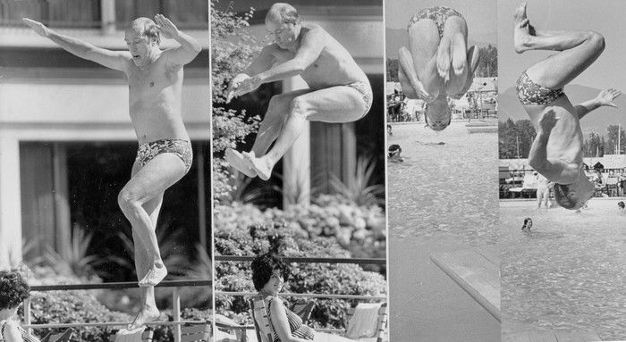  Ralph Bower’s photo of Pierre Trudeau doing a dive at the Bayshore Hotel.