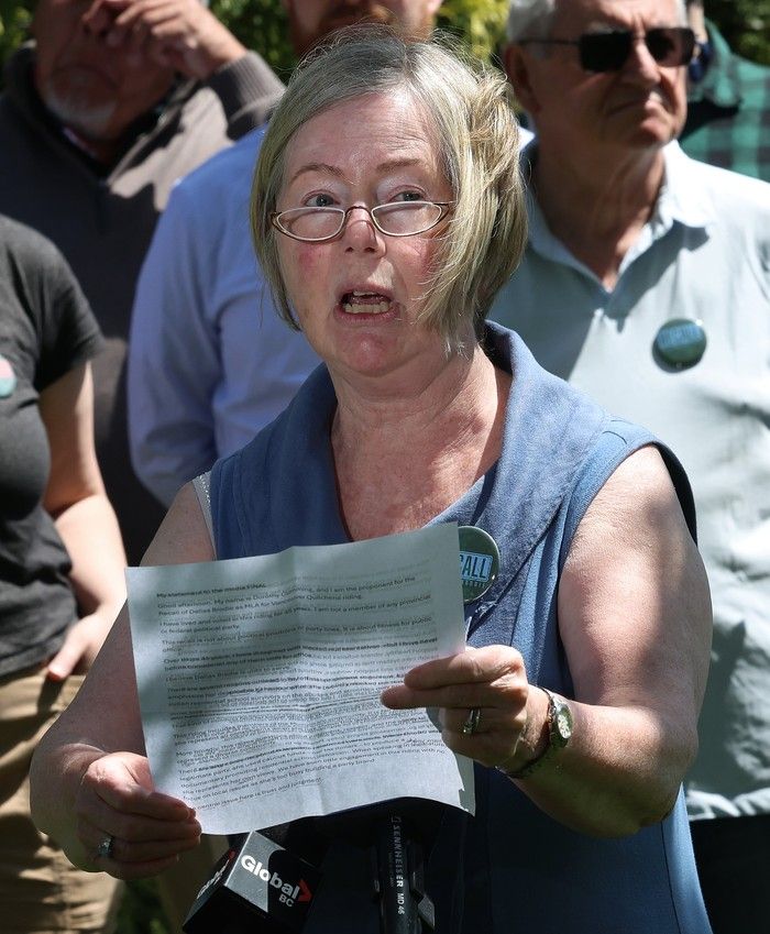 Dorothy Cumming speaks at a rally calling for the recall of Dallas Brodie as MLA for the riding of Vancouver-Quilchena on May 21, 2026.