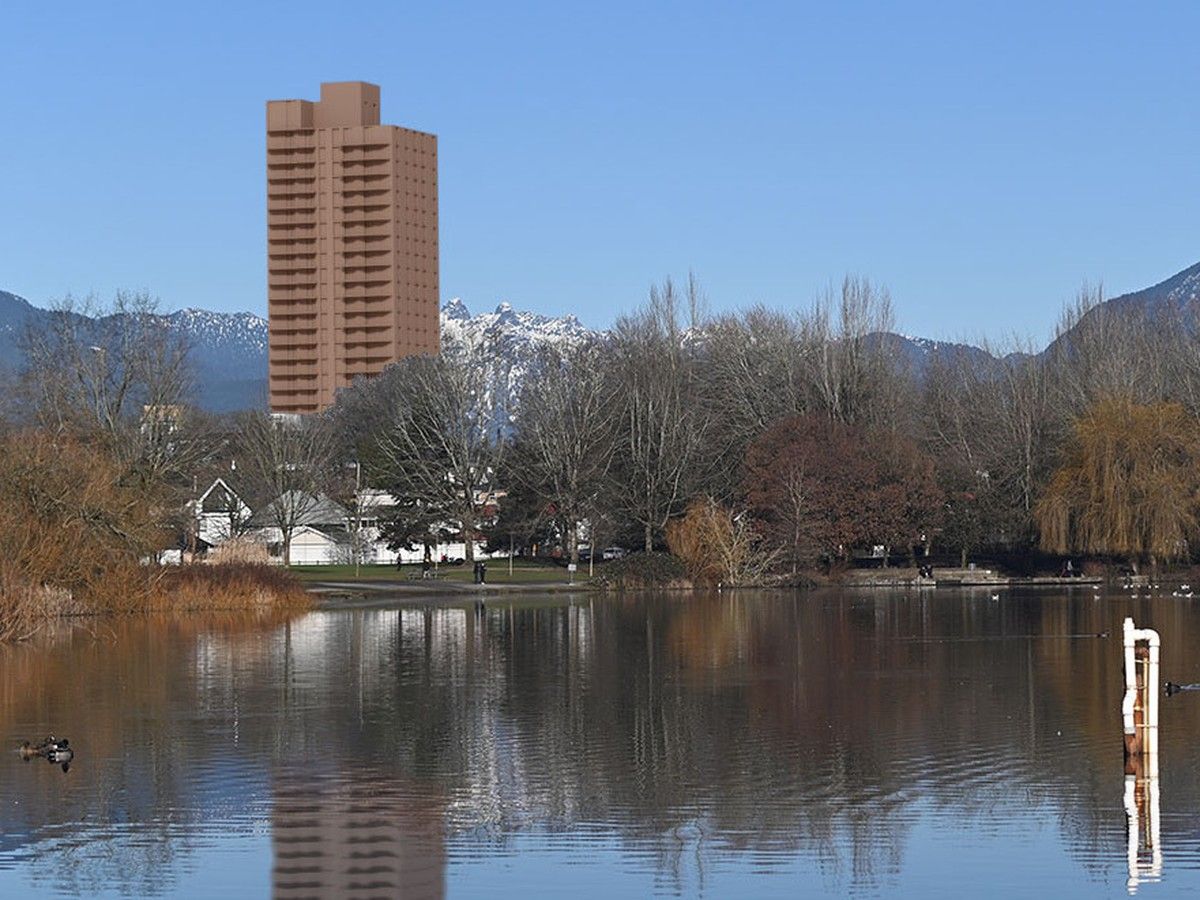 Rendering from CityHallWatch shows a proposed 26-storey tower at Trout Lake that would obscure views of the North Shore mountains. Courtesy of Stephen Bohus, BLA/CityHallWatch. Rendering from CityHallWatch shows a proposed 26-storey tower at Trout Lake that would obscure views of the North Shore mountains. Courtesy of Stephen Bohus, BLA/CityHallWatch.