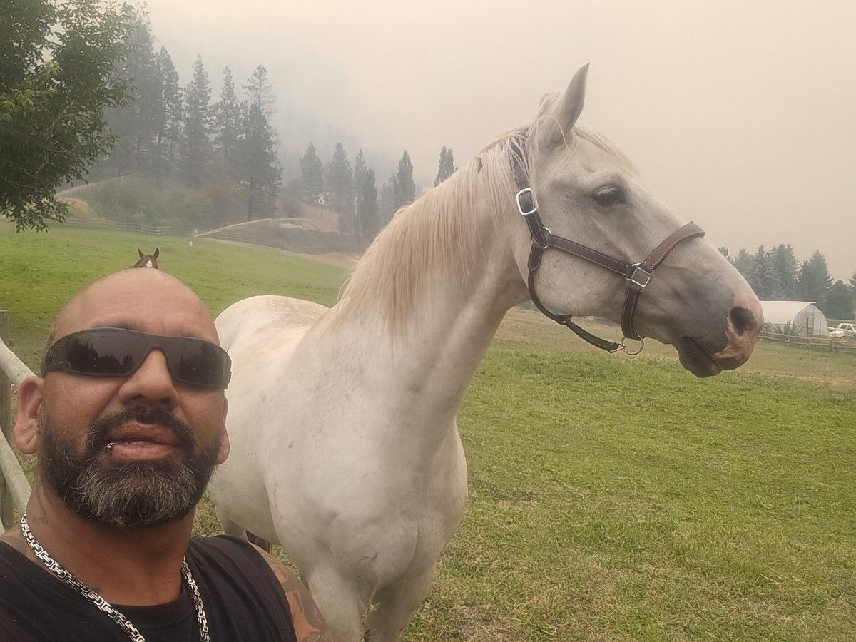 Kaz Knowlin on Garnett Valley Road during a horse rescue on Sunday, Aug. 9, 2026. Knowlin has spent the past several days rescuing some of the horses, sheep, goats, chickens and livestock that evacuees were forced to leave behind. 