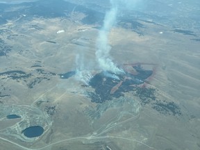 The red lines of fire retardant can be see on the top right of the Jacko Lake fire, burning just southwest of Kamloops.
