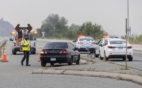 Police road block on Hwy 97 in Penticton on Aug. 10, 2026.