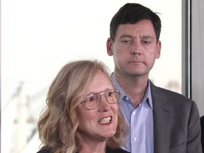 Former Finance Minister Brenda Bailey speaks at a news conference as Premier Eby announces a cabinet shuffle following Bailey's cancer diagnosis.