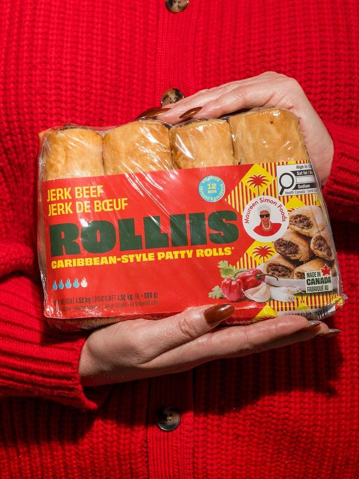 A package of Rolliis jerk beef Caribbean-style patty rolls.