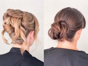 The modern textured French twist (left) and low textured bun.