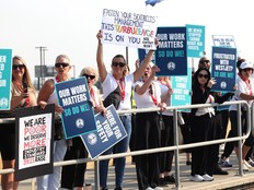 Hundreds of striking WestJet employees picketed outside the Calgary International Airport in Calgary on Sunday, Aug. 2, 2026.