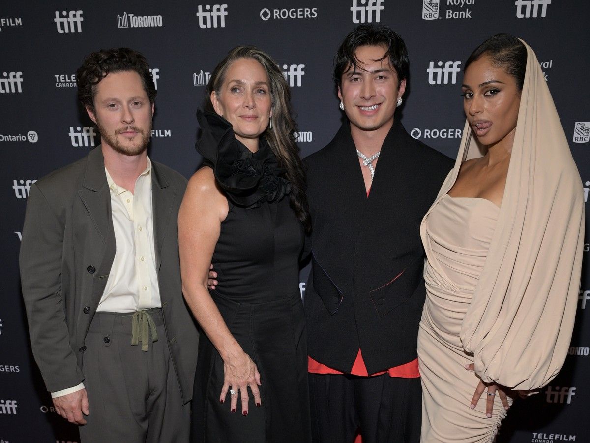 (L-R) Noah Reid, Carrie-Anne Moss, Hudson Williams and Clark Backo attend the world premiere of Yaga during the 2026 Toronto International Film Festival at TIFF Lightbox.