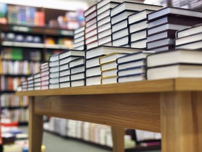 Stack of books on display at the bookstore.