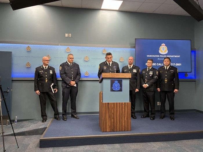  Group shot of Vancouver Police at press conference announcing charges against Kalwinder Singh Dosanjh. Speaking is Vancouver Police Chief Constable Steve Rai and on his left is Supt. Mike Ritchie.