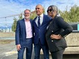 From left: Former OneCity mayoral candidate William Azaroff, left, Green mayoral candidate Pete Fry, and former COPE mayoral candidate Stephanie Allen, posing outside Vancouver city hall, moments after a press conference where Azaroff announced his withdrawal from the 2026 election campaign.