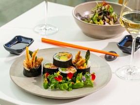 The Lobby Lounge at the Fairmont Pacific Rim features a raw bar and kitchen menu.