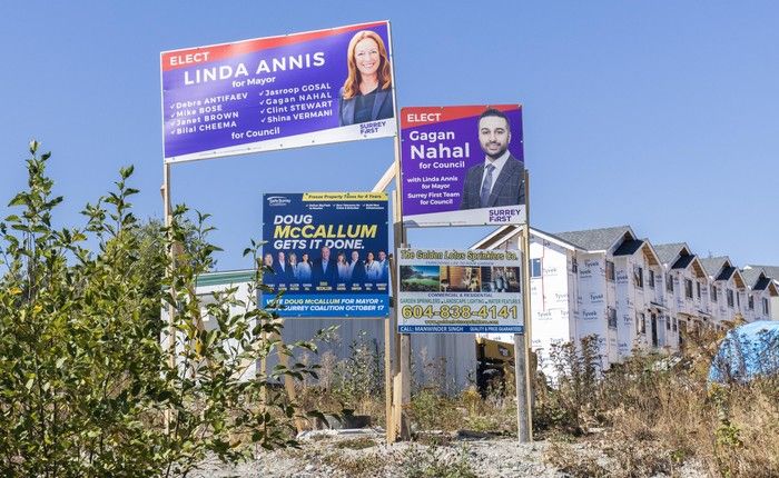  Cluster of campaign signs in Surrey, including those for mayoral candidates Linda Annis and Doug McCallum.