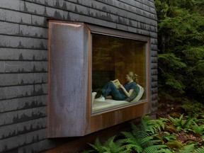 This custom Whistler guesthouse recedes into the mountain landscape, thanks to clever choices in form and materials. A fir-lined cantilevered bay window adds a reading nook to a compact living room, framing views into the forest.