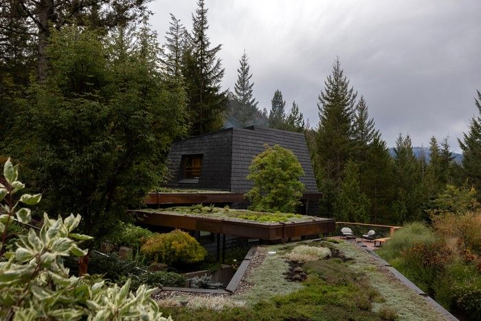 Black slate shakes give the exterior the feel of a rock formation, while angled upper walls keep views from the main house open. Copper downpipes and fascia will darken over time as they weather.