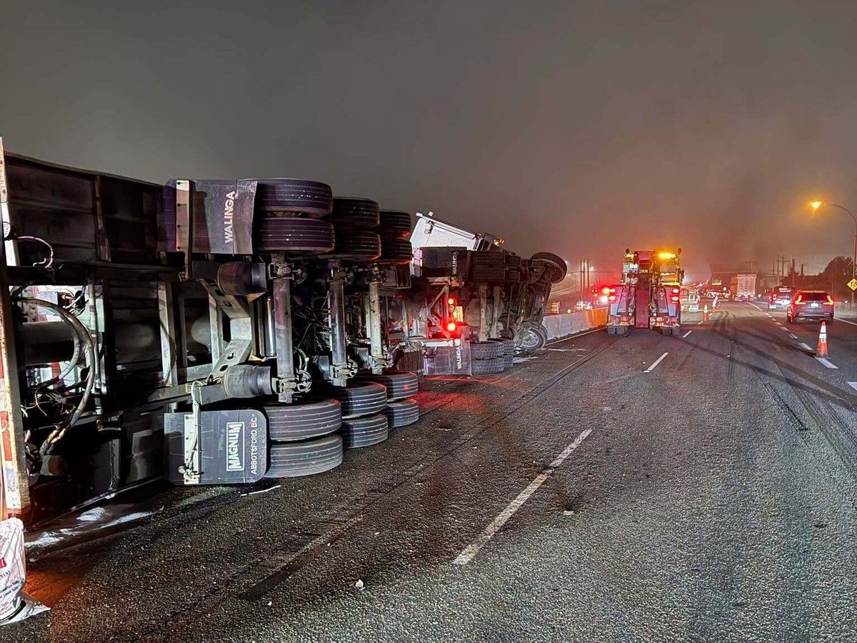 Highway 1 is partly closed Thursday morning due to a semi-truck that has overturned.
