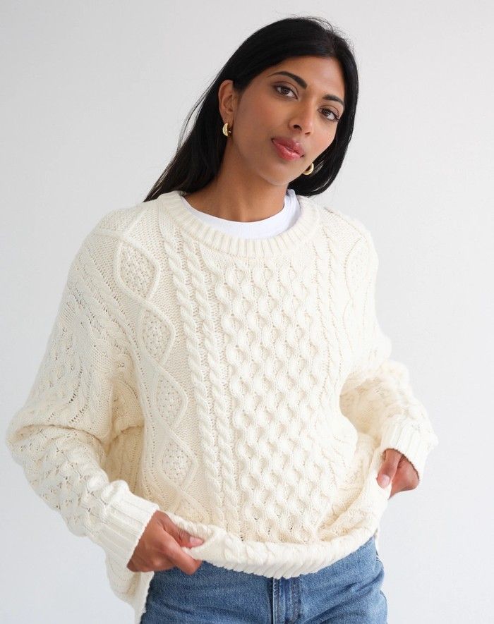 Irish cable knit sweater, $179 at Brunette, brunettethelabel.com.