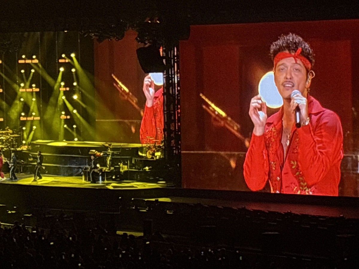 Bruno Mars takes the B.C. Place stage to kick off the first of a five-night concert run in Vancouver on Wednesday, Oct. 14, 2026.