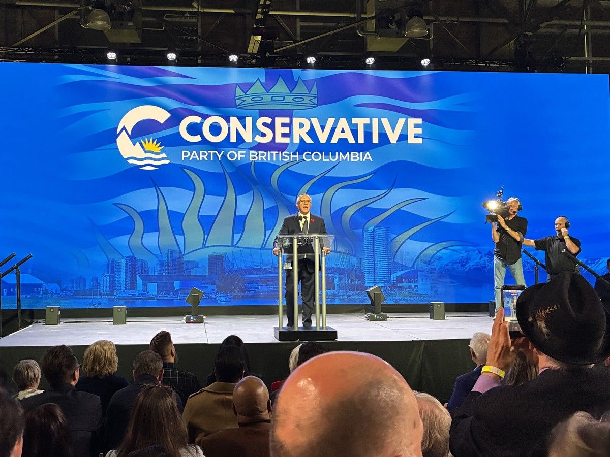 Premier-designate Lorne Doerkson gives his victory speech at the Conservative Party Election Night Watch Party at Rocky Mountaineer Station in Vancouver on Oct. 24, 2026.