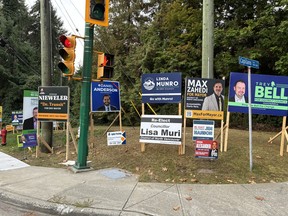 Municipal election signs at Capilano Road and Ridgewood Drive in North Vancouver.
