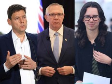 Composite photo of NDP Leader David Eby, Conservative Leader Lorne Doerkson and Greens Leader Emily Lowan.