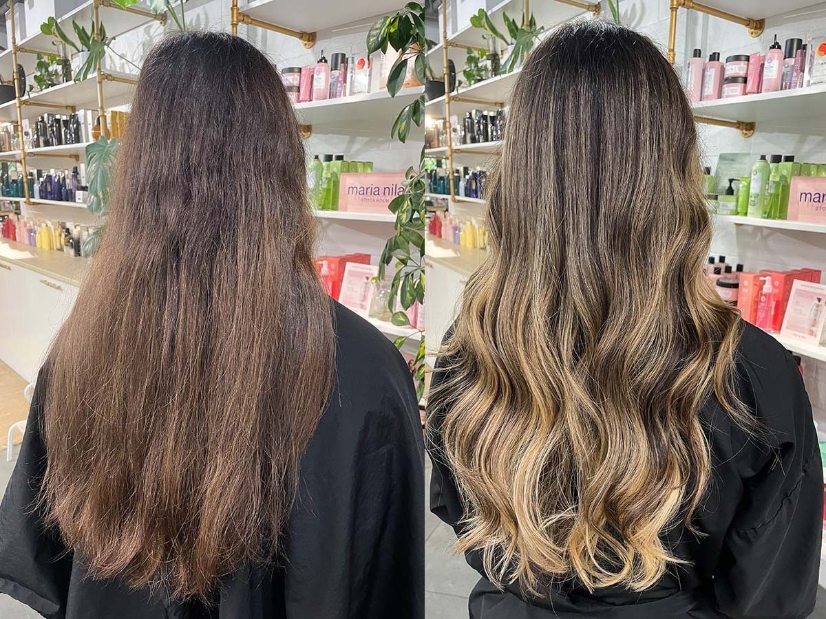 Before and after photos of client Rachel's brunette transformation.