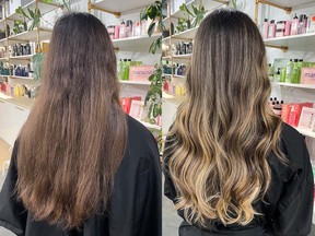 Before and after photos of client Rachel's brunette transformation.