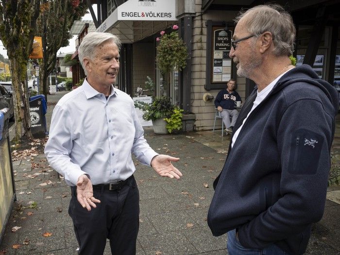 West Vancouver's mayor-elect, Kirk LaPointe, talking to a voter before Saturday's election.