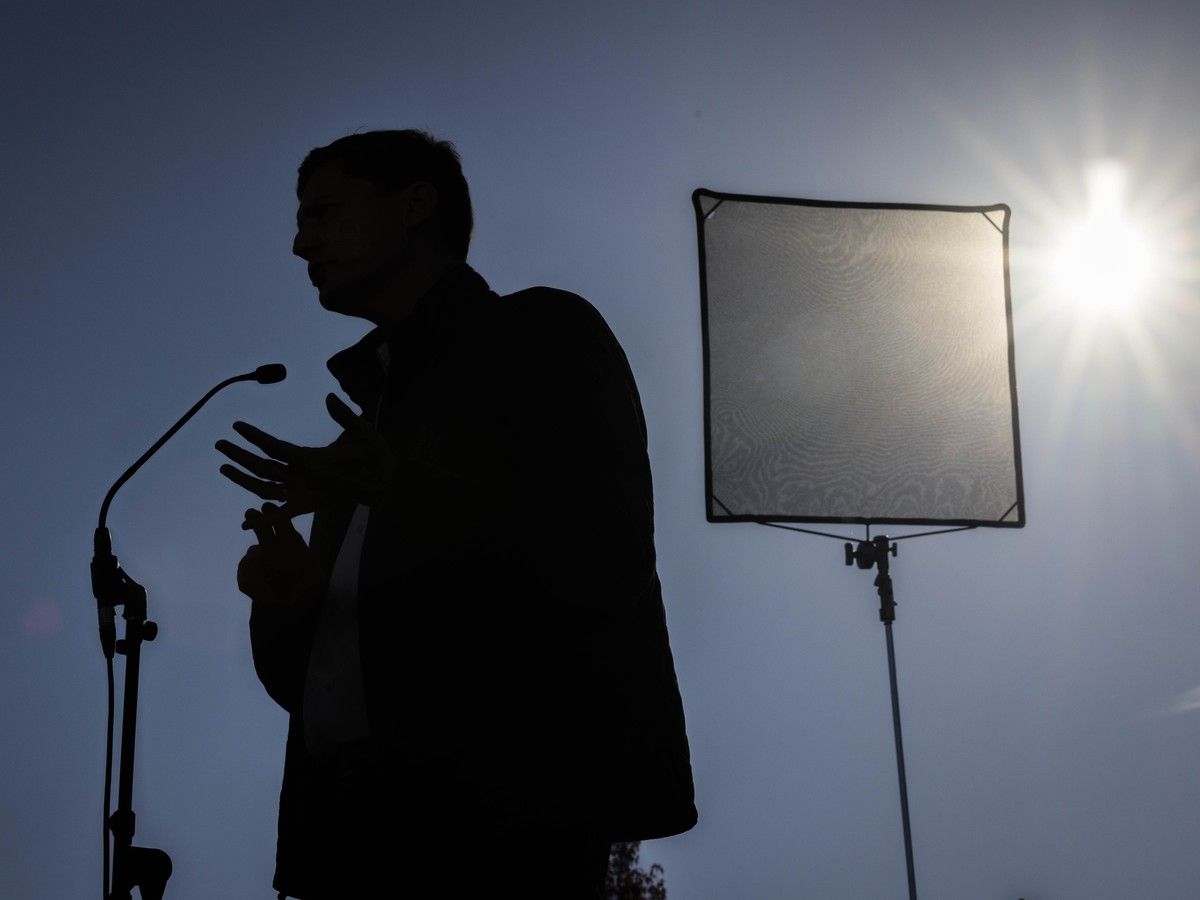 NDP leader and incumbent candidate for premier David Eby makes an appearance in front of the new Surrey hospital in Cloverdale Wednesday, Oct. 21, 2026.