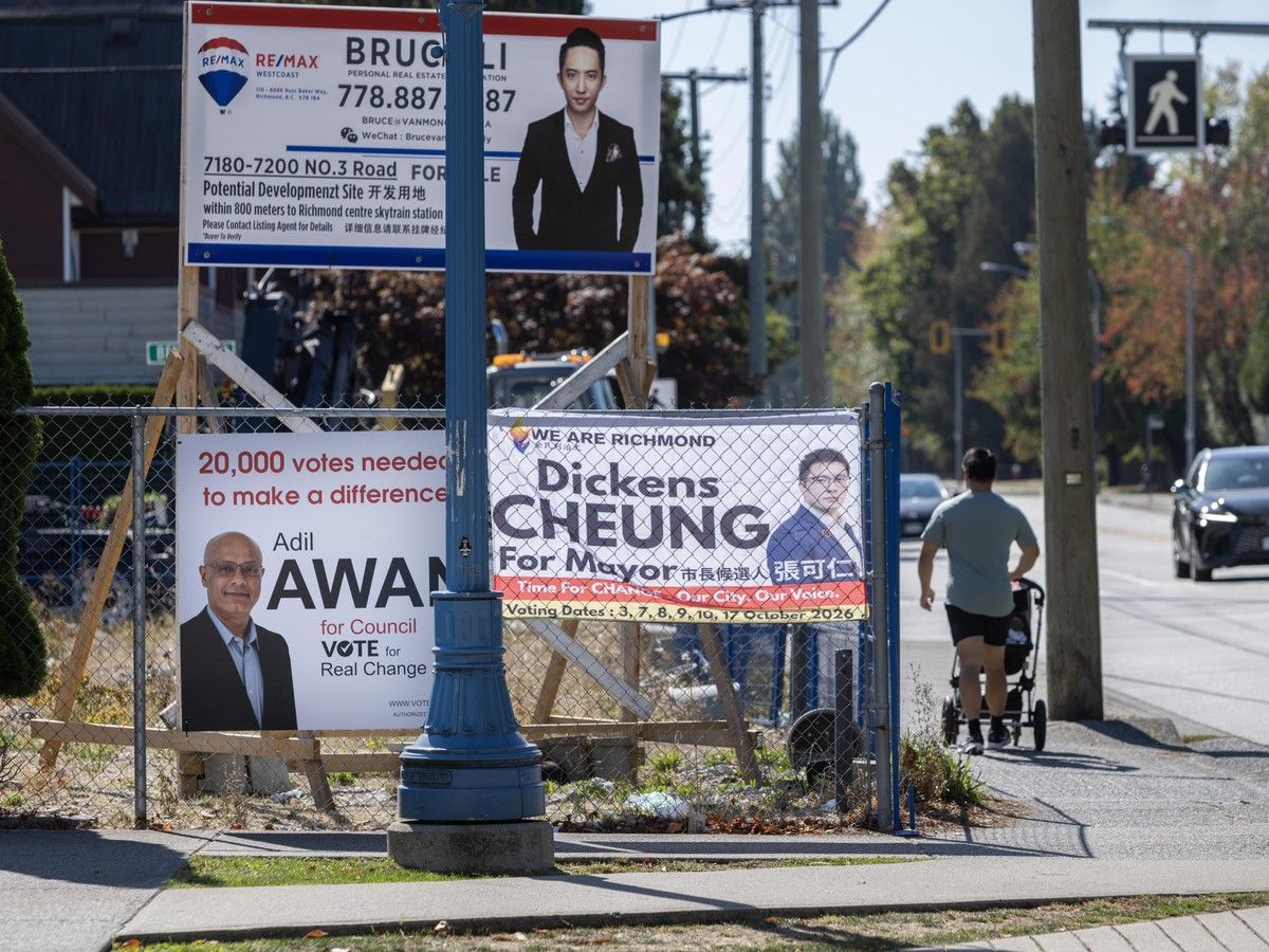 Signs promoting different municipal candidates in Richmond.