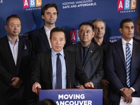 Mayor Ken Sim and ABC Vancouver unveil plan for first 100 days if re-elected, in Vancouver on Oct. 5, 2026.