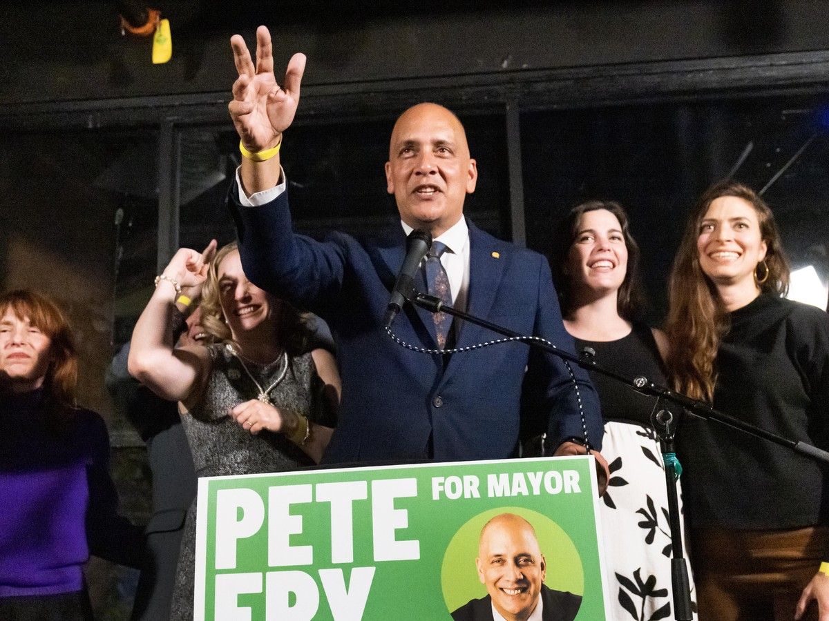 Pete Fry celebrates the win during Municipal Election night at Slate Event Space in Vancouver, BC, October 17, 2026.